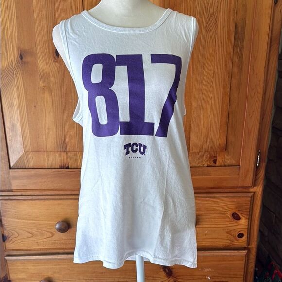 Port & Company White Sleeveless Top with Purple 817 Print. TCU. Size small. - Picture 1 of 4